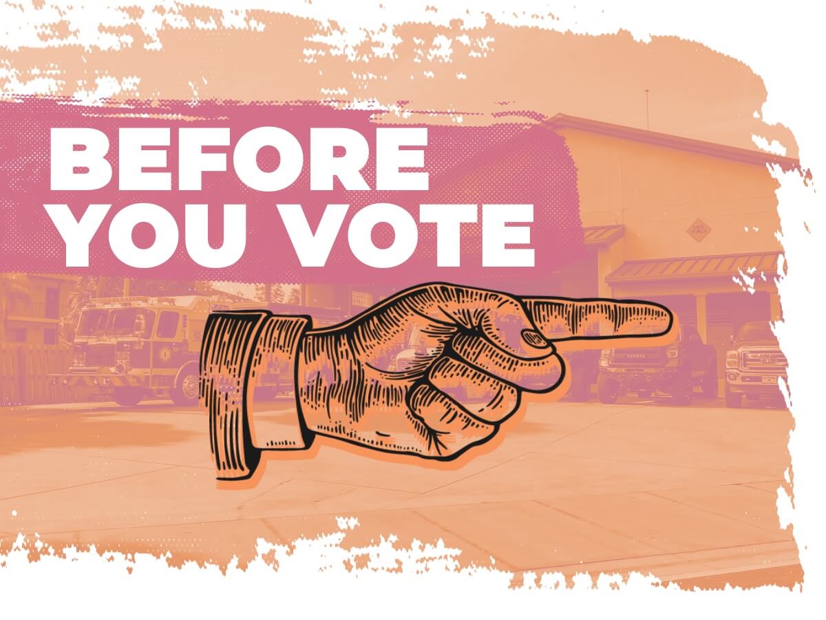 Before you vote on Amendment 3 -- a fire truck sits outside a fire station, with a pointing hand illustration directing attention to the right.