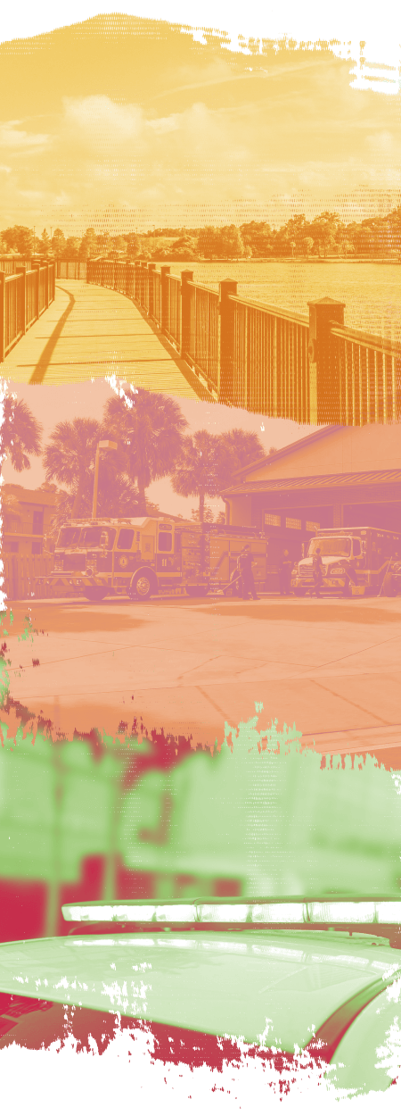 Vertical composite image showing Florida local services -- a waterfront boardwalk, fire trucks outside a station, and a police vehicle, with colorized overlay treatment