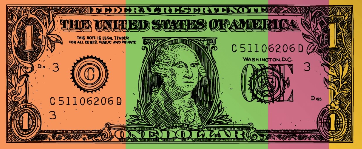 Illustrated one dollar bill with colorized overlay treatment in orange, green, and pink